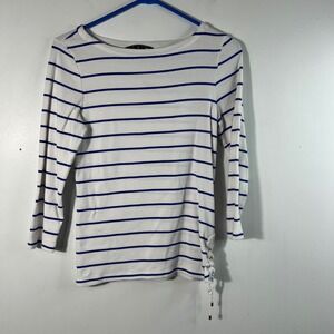 Womens Lauren Ralph Lauren Striped Sailor Look Top M Side Tie 3/4 Sleeve